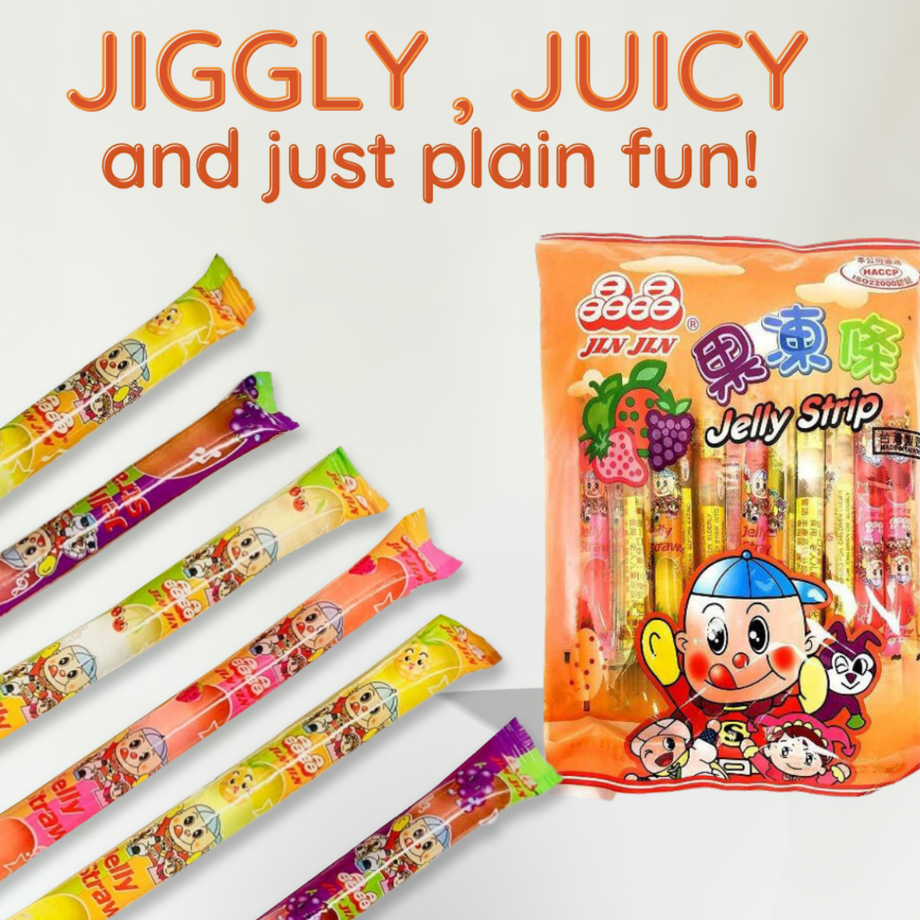 Jin Jin Jelly Strip (Jelly Filled Straws in Assorted Flavors) 14.7 Oz –  CoCo Island Mart