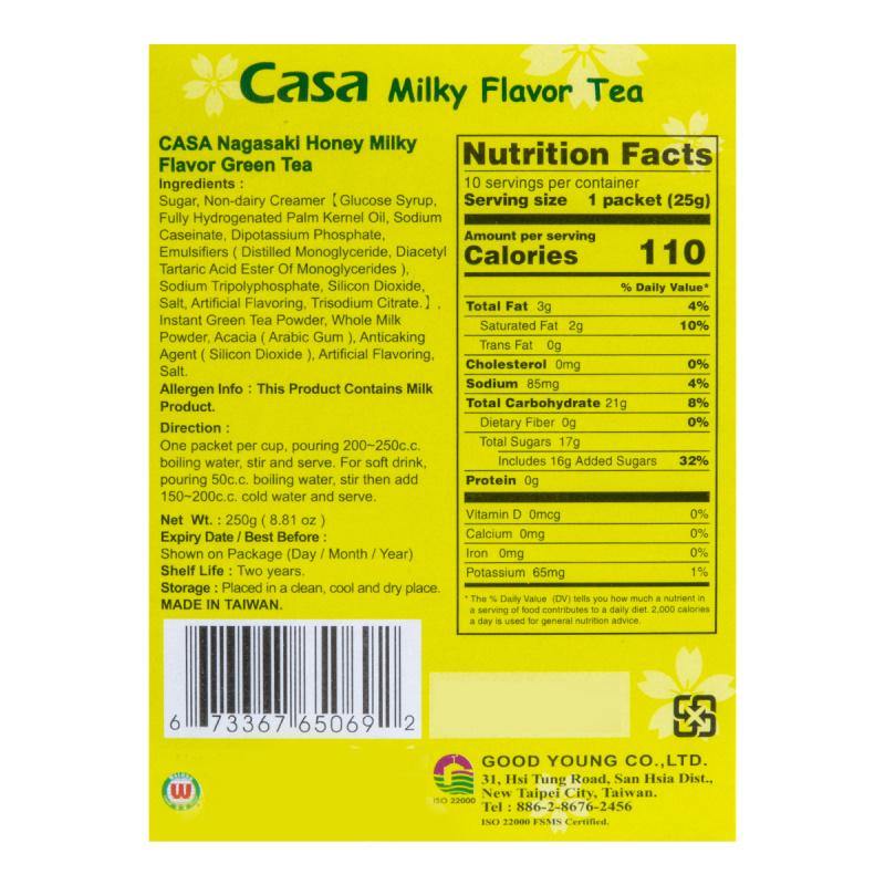 Casa Nagasaki Honey Milky Flavor Green Tea 10 Packets 8.81 Oz (250 g) - 台湾CASA卡萨 长崎蜂蜜绿奶奶茶 - CoCo Island Mart
