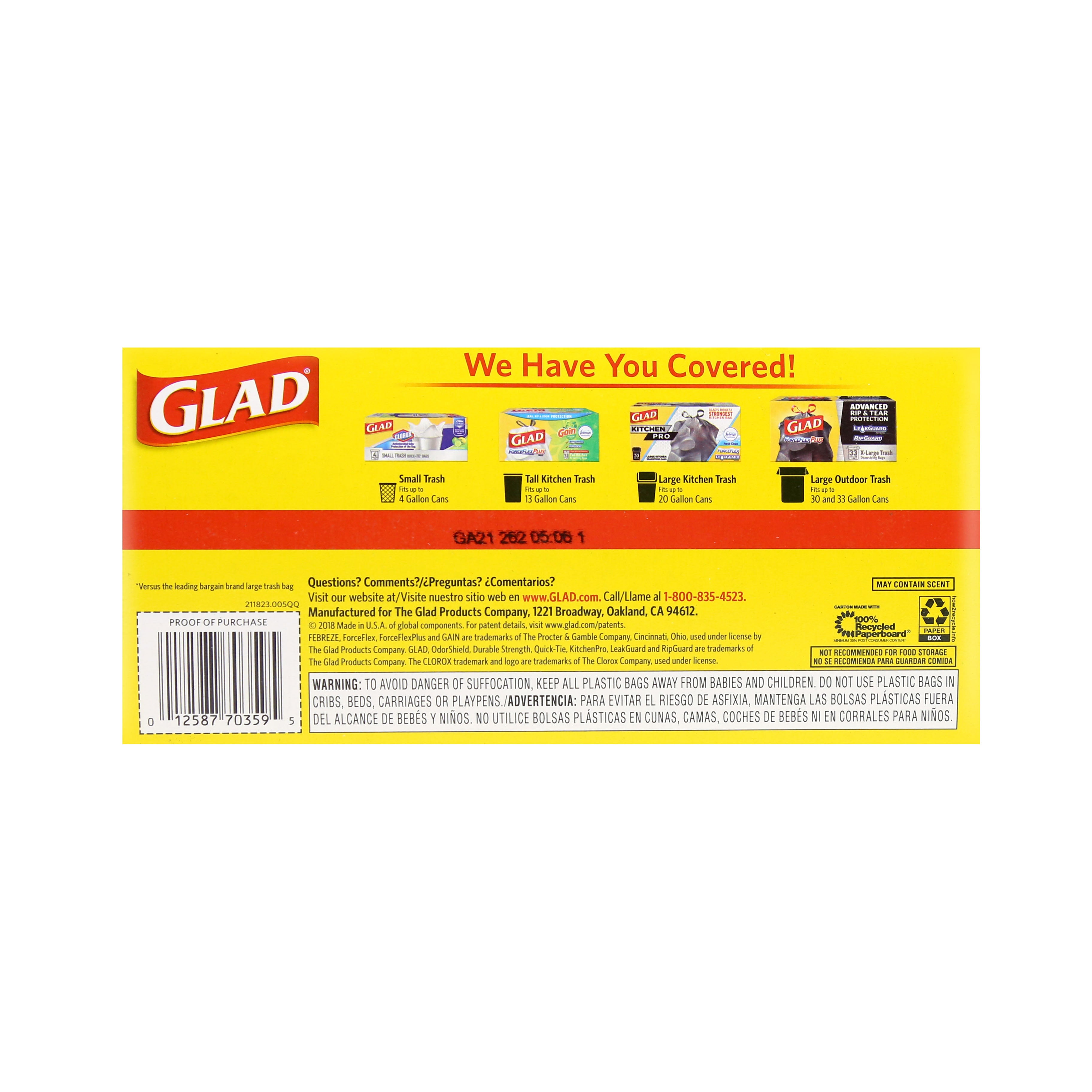 Glad ForceFlex Plus Trash Bags, Multipurpose, Drawstring, Large, 30 Gallon - 25 bags