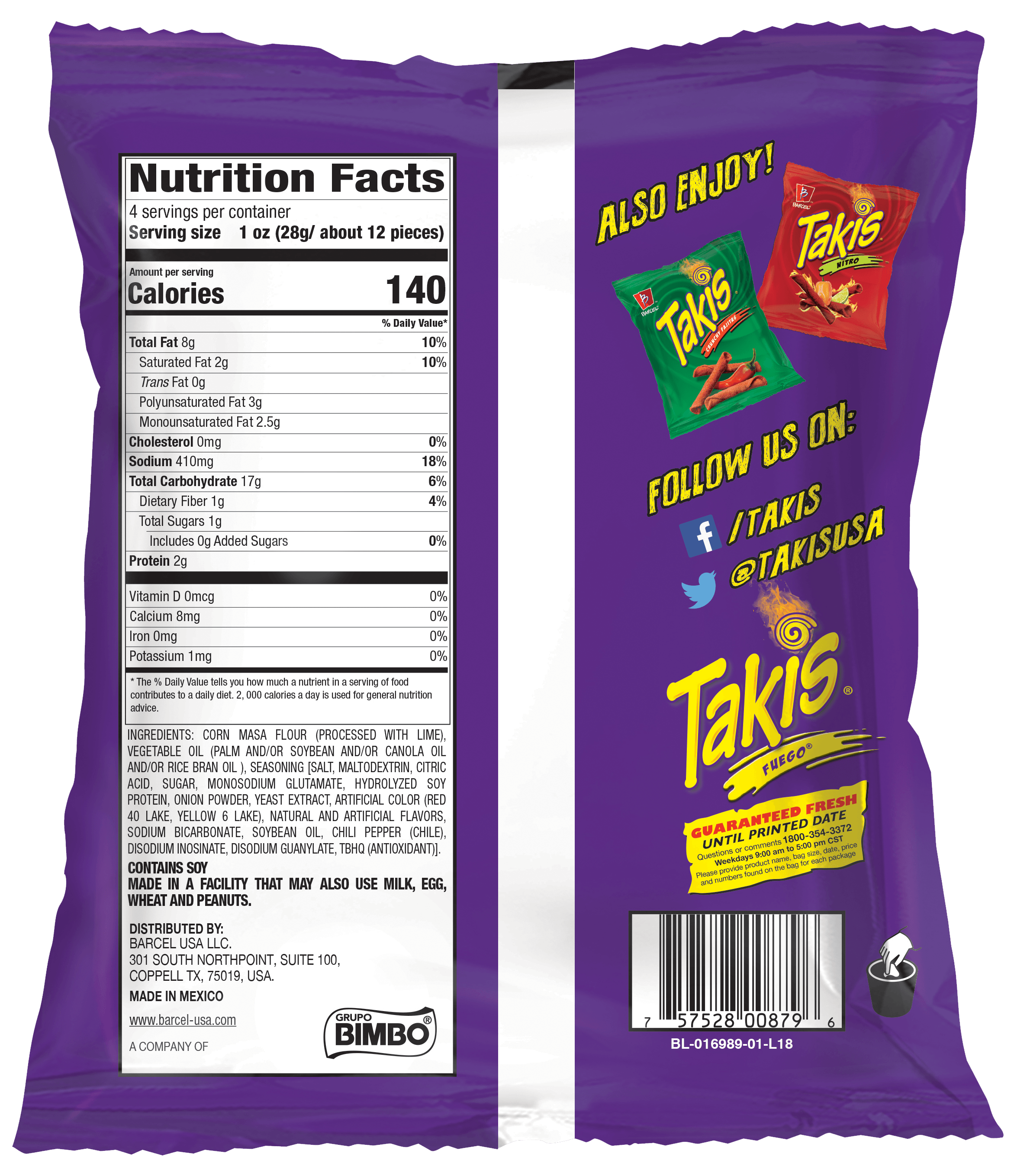 BARCEL CHIPS TAKIS FUEGO HOT CHILI&LIME 4 OZ - chips and snack bags
