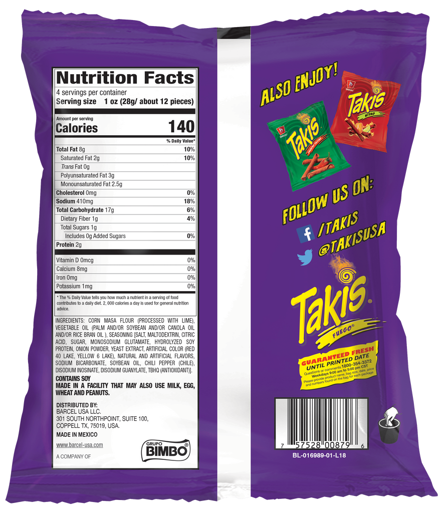Takis Fuego Hot Chili Pepper and Lime Tortillas Chips Extreme Hot 4 Oz (113.4 g) - CoCo Island Mart